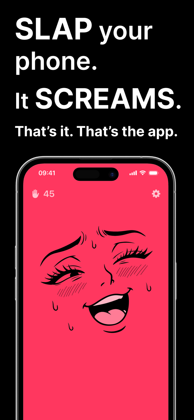Slap your phone and it screams: cartoon face reacting on a pink screen with the slap counter